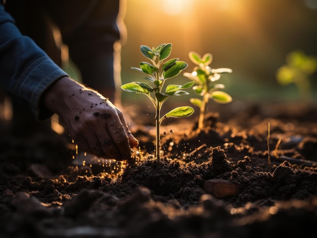 Een persoon die een klein zaadje in de grond plant met een levendige boom die op de achtergrond groeit