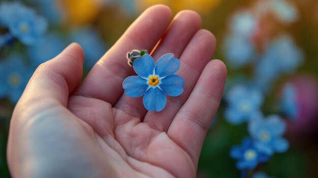 Een persoon die een kleine blauwe bloem in zijn hand houdt