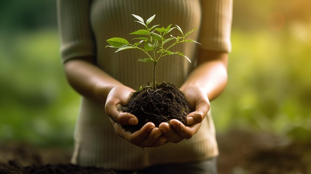 Een persoon die een kleine plant in zijn handen houdt