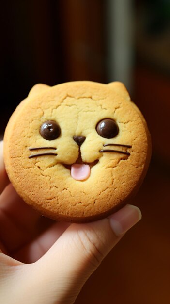 Foto een persoon die een koekje vasthoudt met een katten gezicht erop