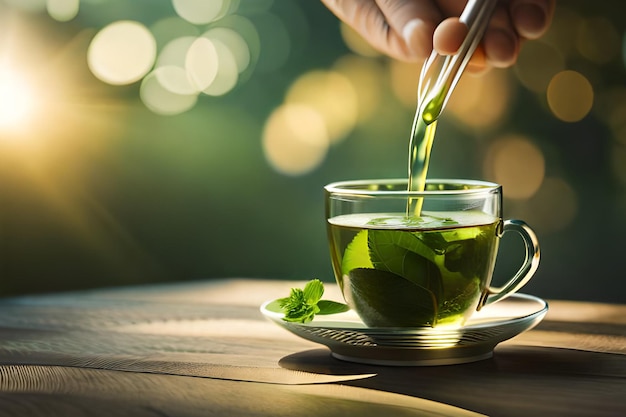 Foto een persoon die een kopje groene thee in een glas giet.