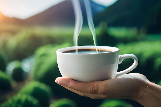 Een persoon die een kopje koffie vasthoudt met een berg op de achtergrond