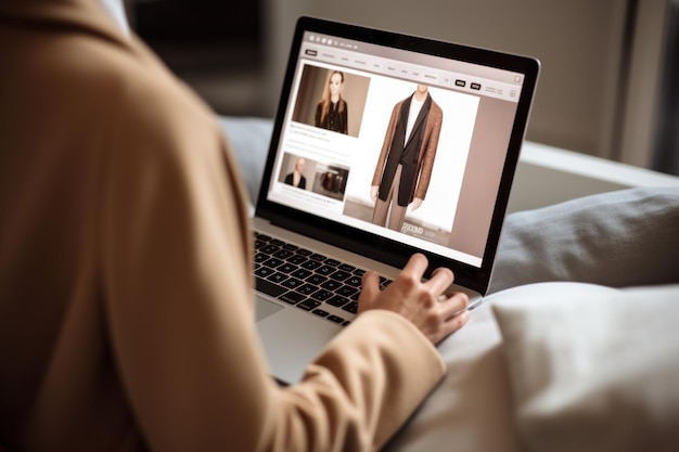 Een persoon die een laptop gebruikt om online mode te zoeken en te kopen