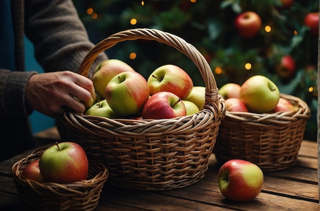 Foto een persoon die een mand met appels als geschenk geeft