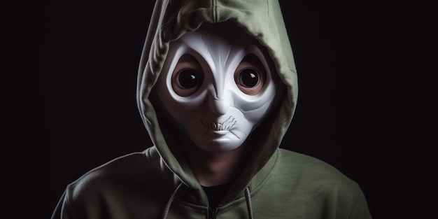 Foto een persoon die een masker draagt met een groene hoodie met de tekst alien.