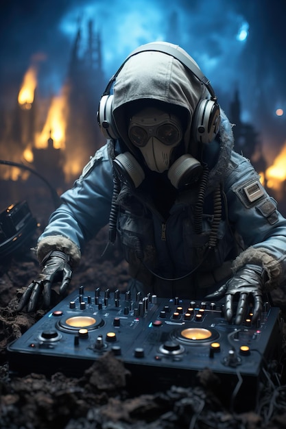 een persoon die een masker en handschoenen draagt en een gasmasker en een dj-mixer