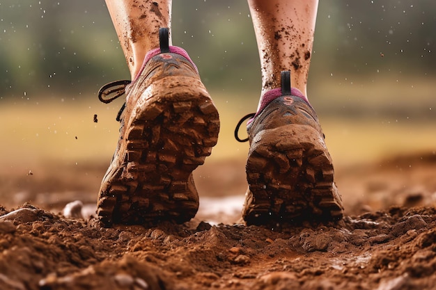 Een persoon die een paar vuile hardloopschoenen draagt met het woord trail op de bodem.