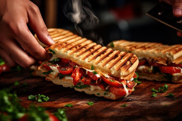 Een persoon die een panini vasthoudt met een hapje eruit gehaald