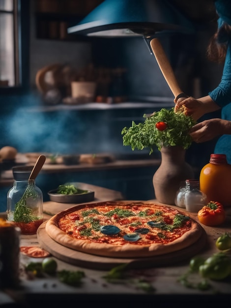 Een persoon die een pizza maakt in de keuken