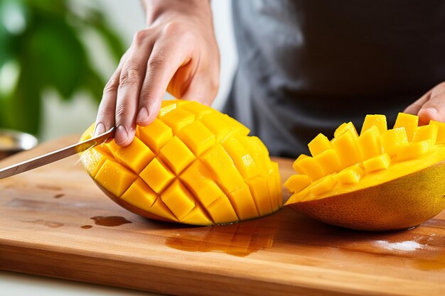 Foto een persoon die een rijpe mango met een mes snijdt