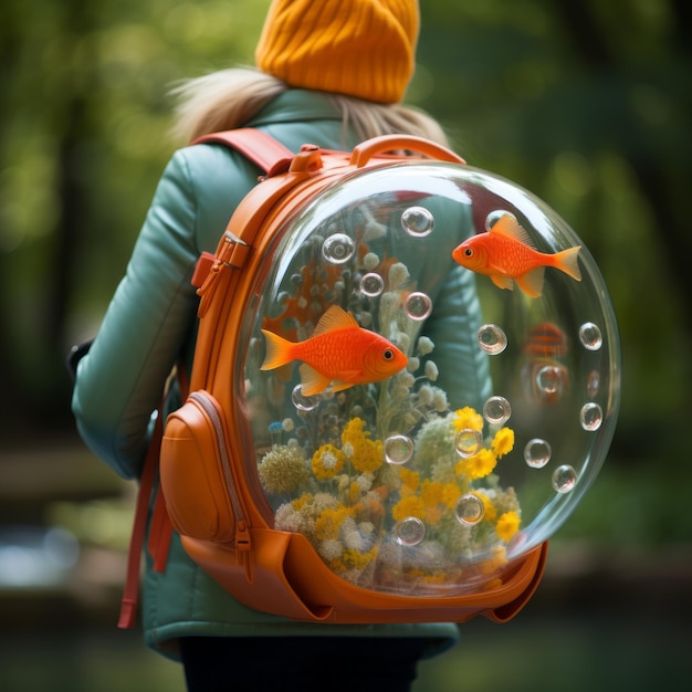 Foto een persoon die een rugzak draagt met een aquarium en bloemen