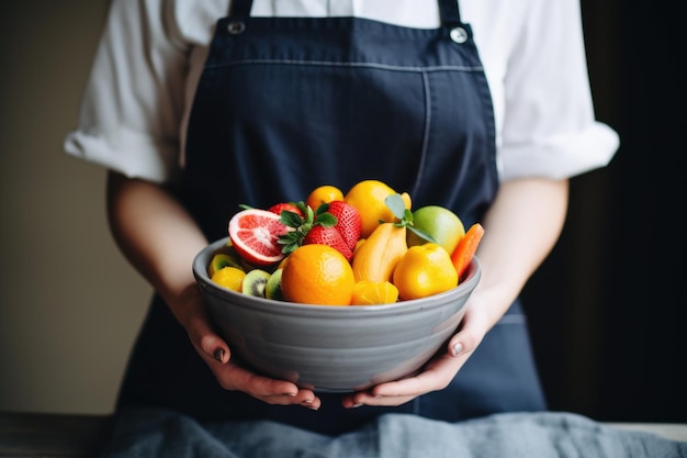 Een persoon die een schaal met fruit in zijn handen houdt generatieve ai