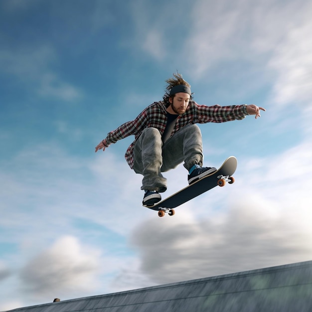 Een persoon die een skateboardtruc doet in de stad