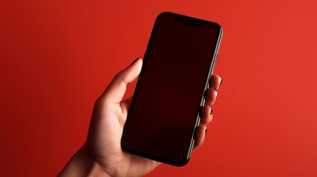 Een persoon die een slimme telefoon vasthoudt met een rode achtergrond