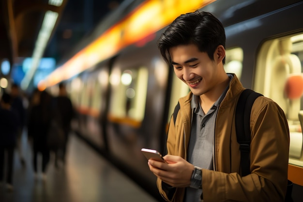 Een persoon die een smartphone gebruikt in het treinstation