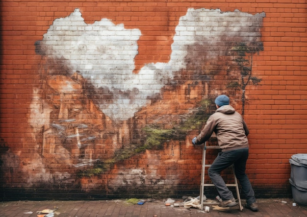 Een persoon die een straatkunstwerk maakt op een bakstenen muur