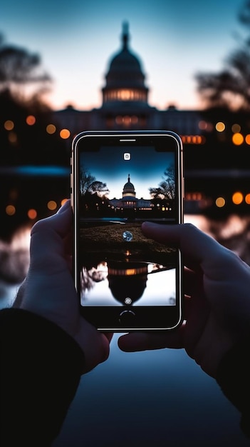 Een persoon die een telefoon vasthoudt met de woorden capitol op het scherm