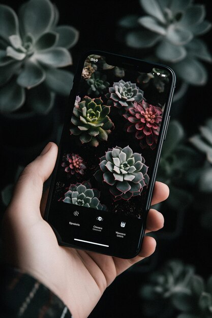 Foto een persoon die een telefoon vasthoudt met een foto van vetplanten erop