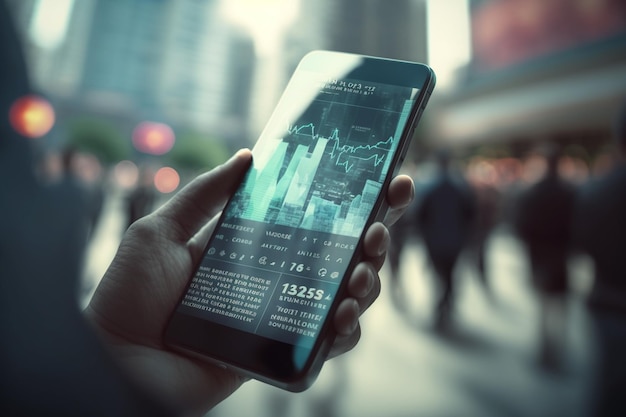 Foto een persoon die een telefoon vasthoudt met een scherm waarop 'wereldwijde markt' staat