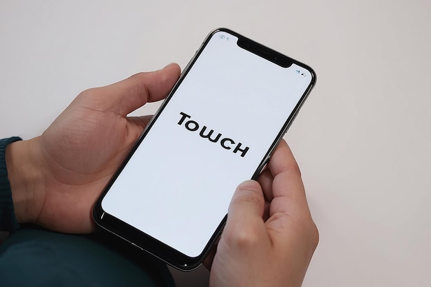 Een persoon die een telefoon vasthoudt met een wit scherm waarop staat "touch quote" op het scherm.