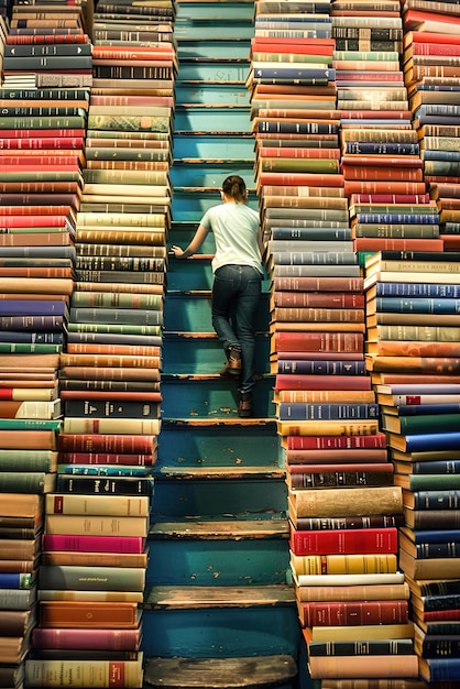 Foto een persoon die een trap van boeken beklimt voortdurend leren en intellectuele groei