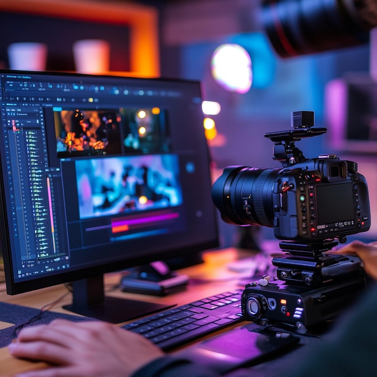 Foto een persoon die een tutorial video maakt met een camera setup en bewerkingssoftware