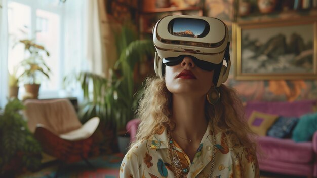 Een persoon die een VR-headset draagt in een eclectische boheemse woonkamer