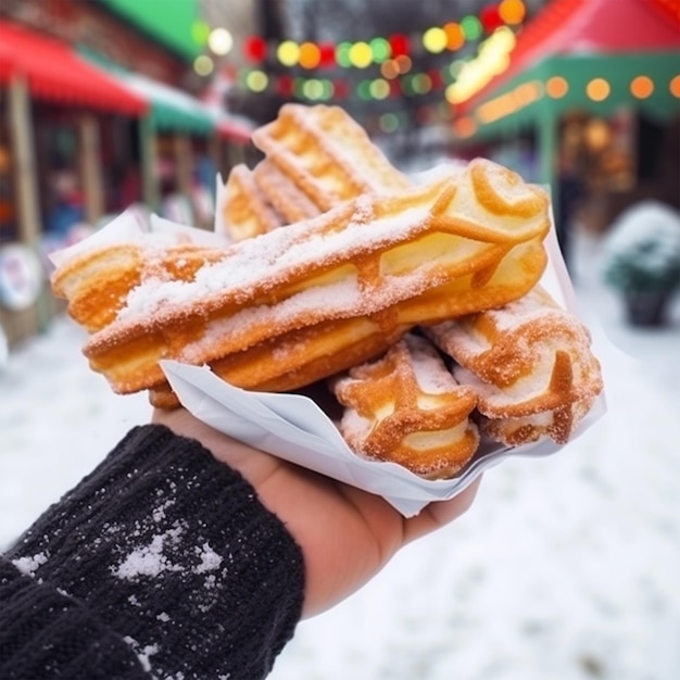 Een persoon die een wafel vasthoudt voor een markt met een bord met de tekst 'wafels'