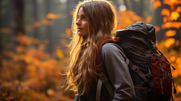 Een persoon die een wandeling maakt in het bos om de herfstbladeren te bewonderen