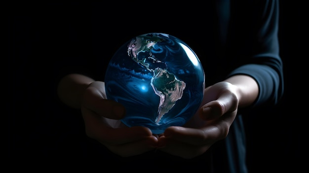 Een persoon die een wereldbol vasthoudt met de planeet aarde in het midden.