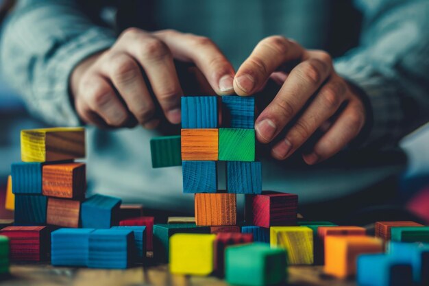 Een persoon die houten blokken nauwkeurig op een tafel rangschikt en stapelt, wat concentratie en precisie in hun spel toont