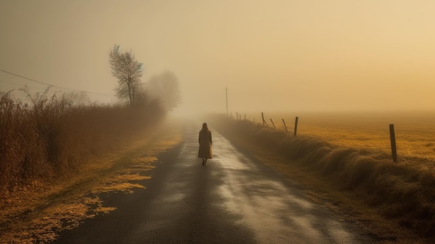 Een persoon die in de mist over een weg loopt