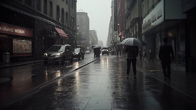 Een persoon die in de regen loopt met een paraplu