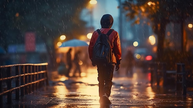 Een persoon die in de regen loopt met een rugzak aan.
