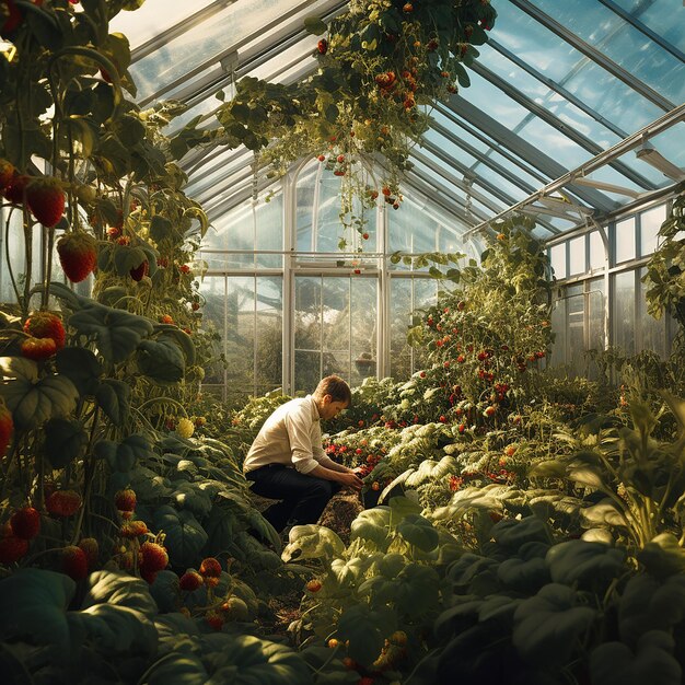 Een persoon die in een kas vol rijpe aardbeien werkt