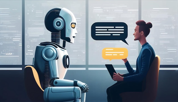 Een persoon die in gesprek is met een kunstmatige AI Concepten van futuristische technologie of machine learning Generatieve AI