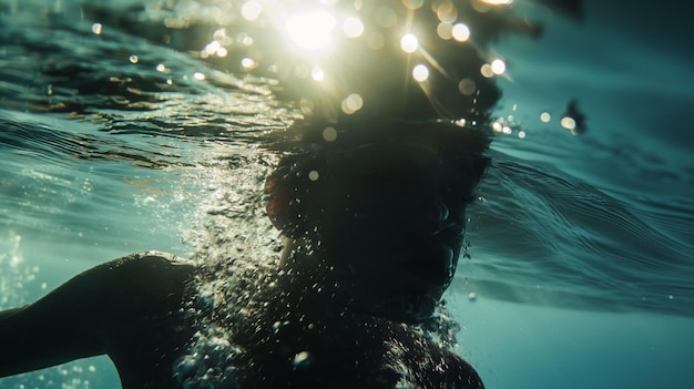 Foto een persoon die in het water zwemt met de zon die op hun gezicht schijnt