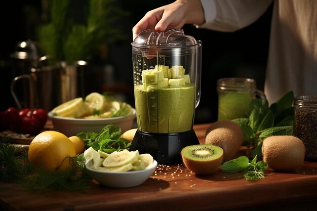 Foto een persoon die kiwi-smoothies maakt in een blender met verse ingrediënten eromheen