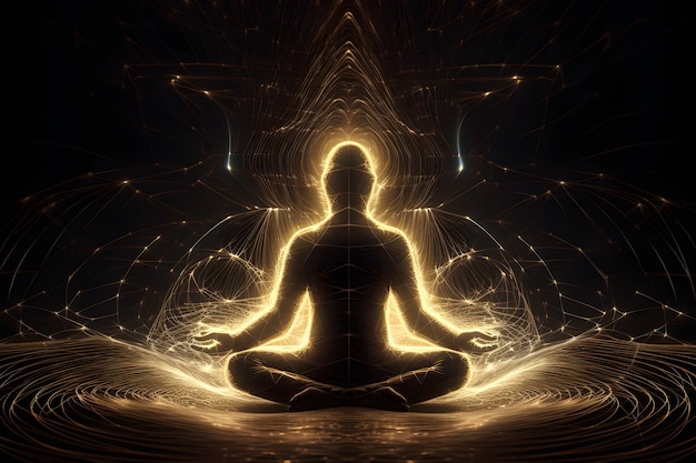 Een persoon die mediteert in een lotushouding met links het woord meditatie.