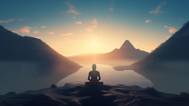 Een persoon die mediteert voor een berglandschap met een zonsondergang op de achtergrond.