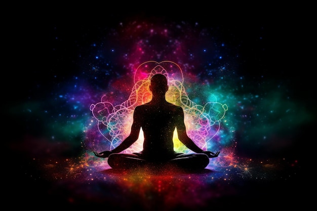 Een persoon die mediteert voor een sterrenstelsel met de woorden 'meditatie' erop