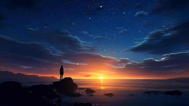 Een persoon die ondergedompeld is in sterrenkijken door een telescoop tegen een zonsondergang op de achtergrond