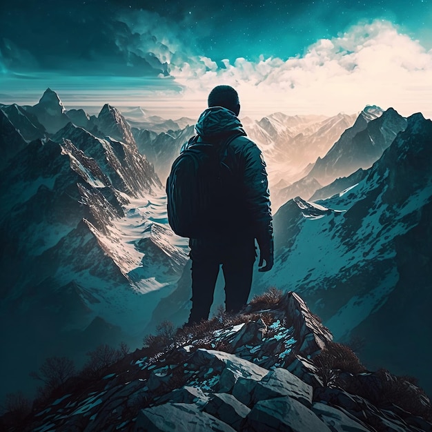 Een persoon die op de top van een berg staat en de omgeving bekijkt vanuit een verhoogd perspectief AI