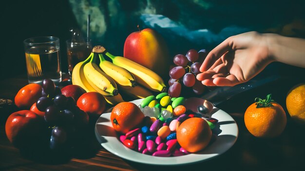 een persoon die op een bank zit met één hand die reikt naar een bord met kleurrijke groenten en fruit