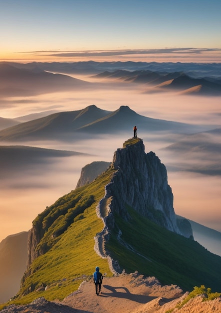 Foto een persoon die op een bergtop staat en de zonsondergang ziet gegenereerd door ai