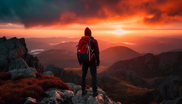 Een persoon die op een bergtop staat met een rode rugzak die naar de zonsondergang kijkt.