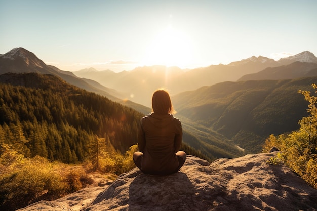 Een persoon die op een bergtop zit en de warmte van de zon voelt geestelijke gezondheid