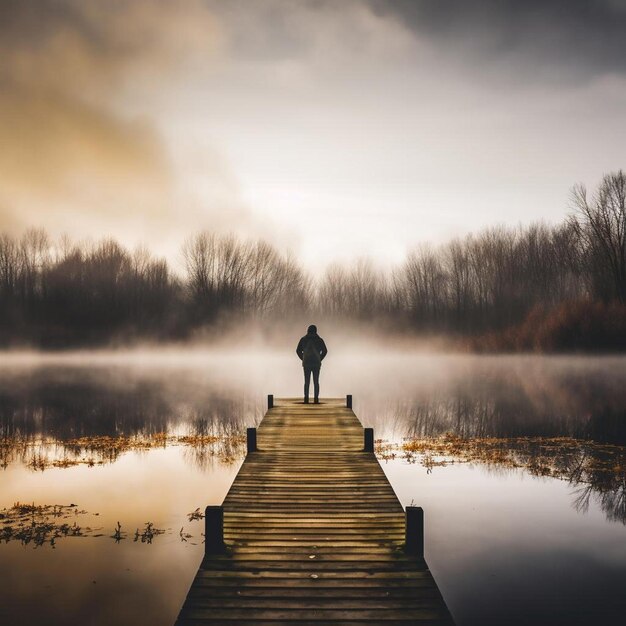 Foto een persoon die op een dok bij een waterlichaam staat