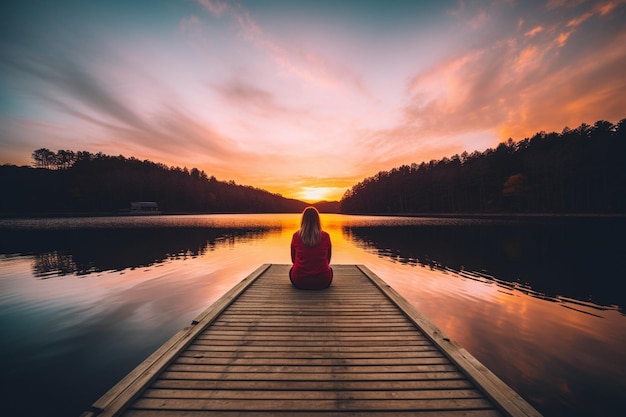 Een persoon die op een dok zit te staren naar een geestelijke gezondheid bij zonsondergang