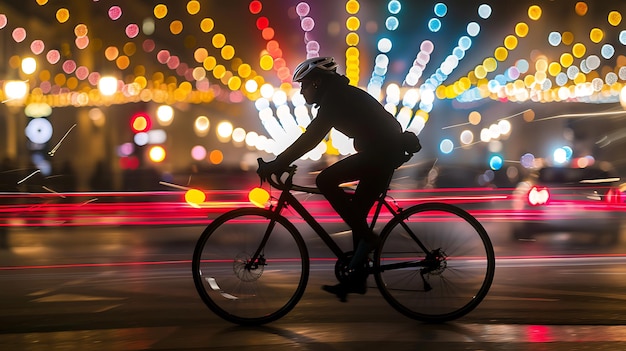 Foto een persoon die op een fiets rijdt voor een kleurrijke lichtjes